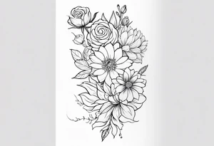 Asters, roses, lily, and chrysanthemums in a stretched line tattoo idea