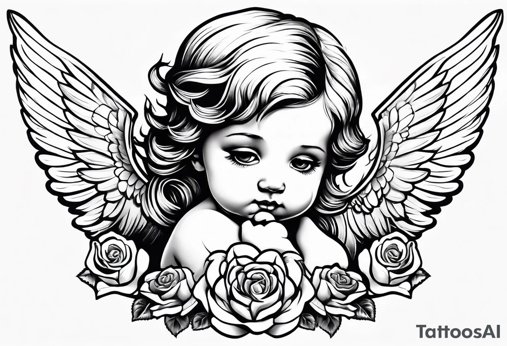 baby angel with a rose tattoo idea