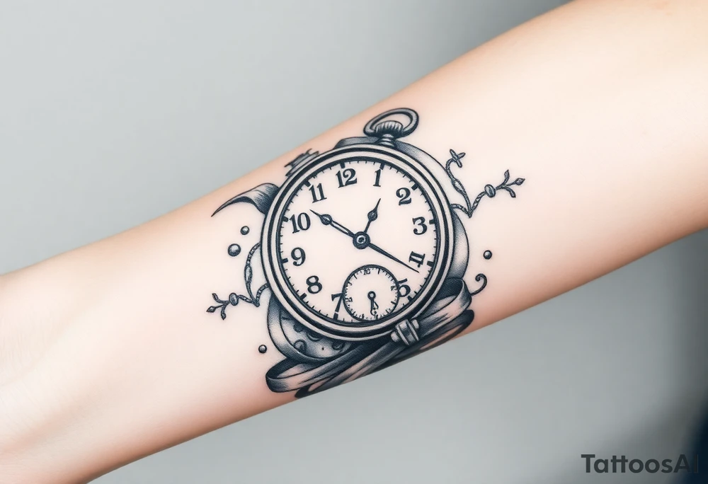 A meaningful tattoo for a 55-year-old man that embodies the themes of fatherhood, time, and integrity. Central to the design is a timepiece (such as a classic pocket watch, sundial, or hourglass) symbolizing his commitment to valuing and managing time despite challenges with focus due to ADD. The design incorporates subtle elements that celebrate his role as a father—perhaps small, meaningful symbols like initials, a family tree, or a compass pointing towards "home" to represent his children. Integrate dynamic elements like flowing sand, gears, or a ribbon of time to capture the feeling of focus and perseverance. The overall style can range from intricate realism to a more abstract or geometric design, depending on his preference.  Add a cross to represent his faith.  for a forearm tattoo idea