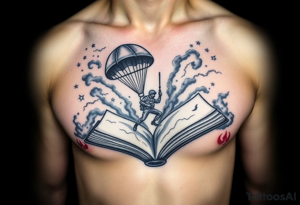 A parachuting soldier landing into an open book. Chaos surrounding, but the book is protecting the soldier from it. On the chest. Make the tattoo smaller. Make it thought provoking. Make the chaos in the environment be an eerie mist. Make the pages in the book be blank. Just one soldier, no other characters tattoo idea