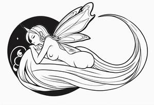 No color fairy with a tail inspired by the anime show called Fairy Tail in a fetal position leaning in and forward while sleeping tattoo idea