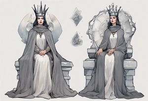 a Visigoth queen wearing a minimalist iron crown, wearing a grey cloak, sitting on a simple stone throne tattoo idea