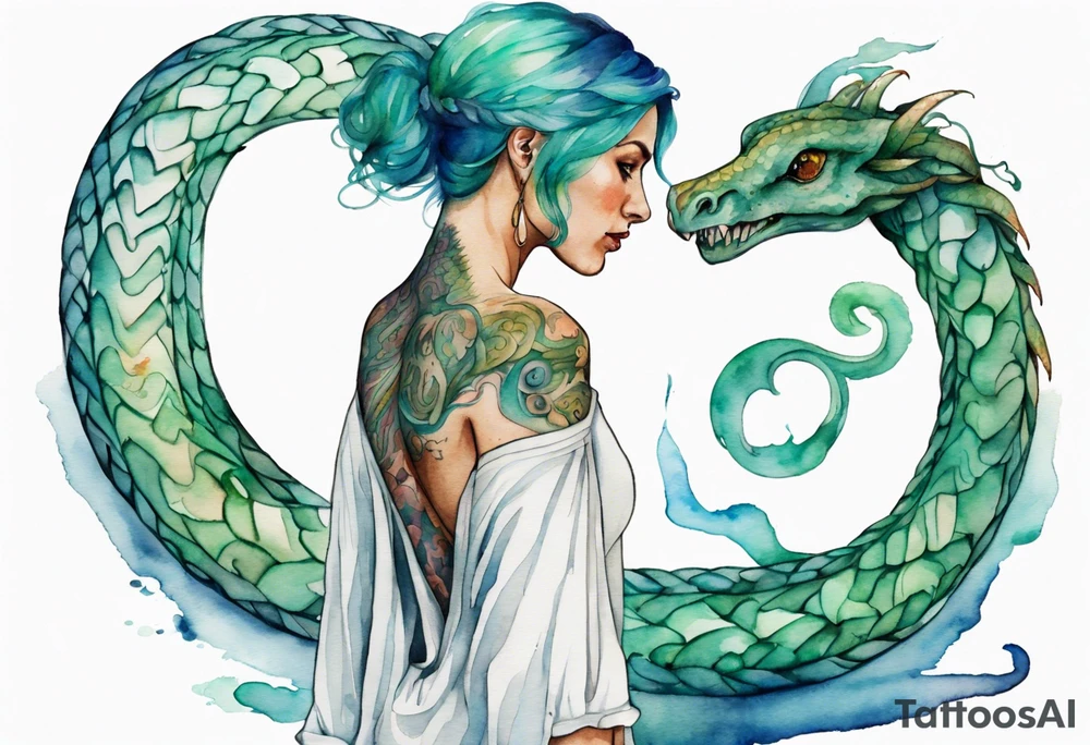 a watercolor of a sea serpent next to a woman with blue-green hair wearing a white tunic tattoo idea