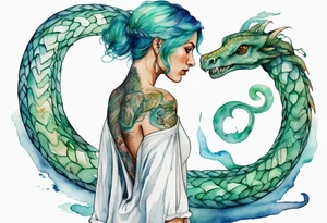 a watercolor of a sea serpent next to a woman with blue-green hair wearing a white tunic tattoo idea