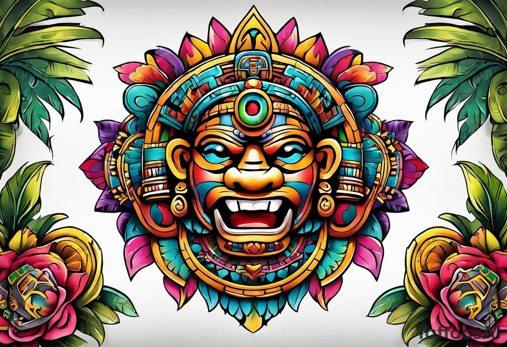 Colorful Mayan chaac tattoo idea