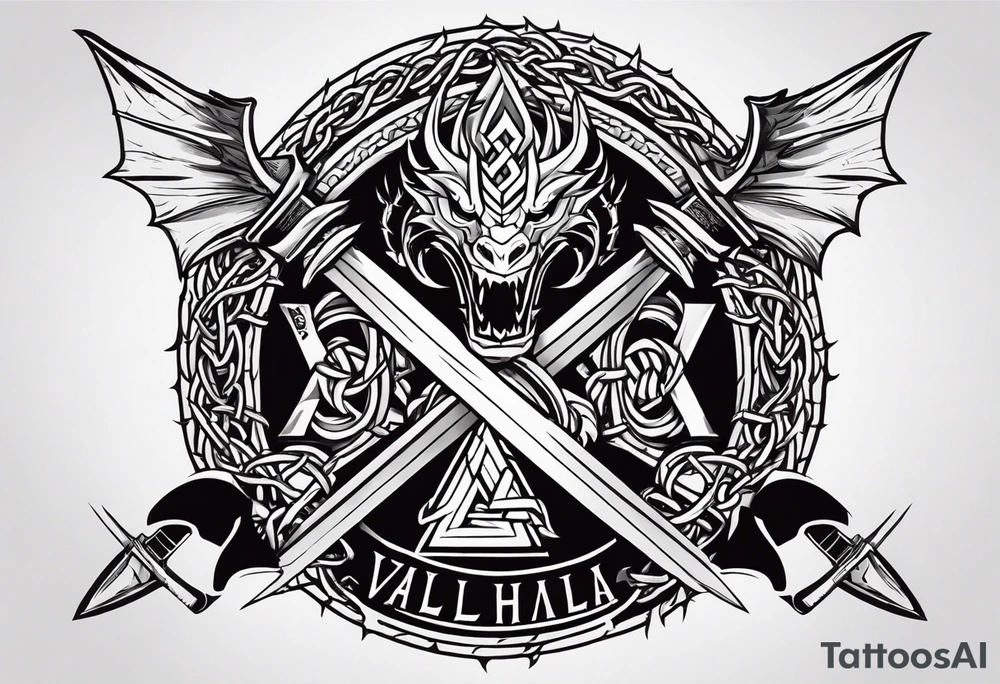 Valhalla sword shield dragon axe Valknut barbed wire chains fire tattoo idea Valhalla sword shield dragon axe Valknut barbed wire chains fire tattoo idea