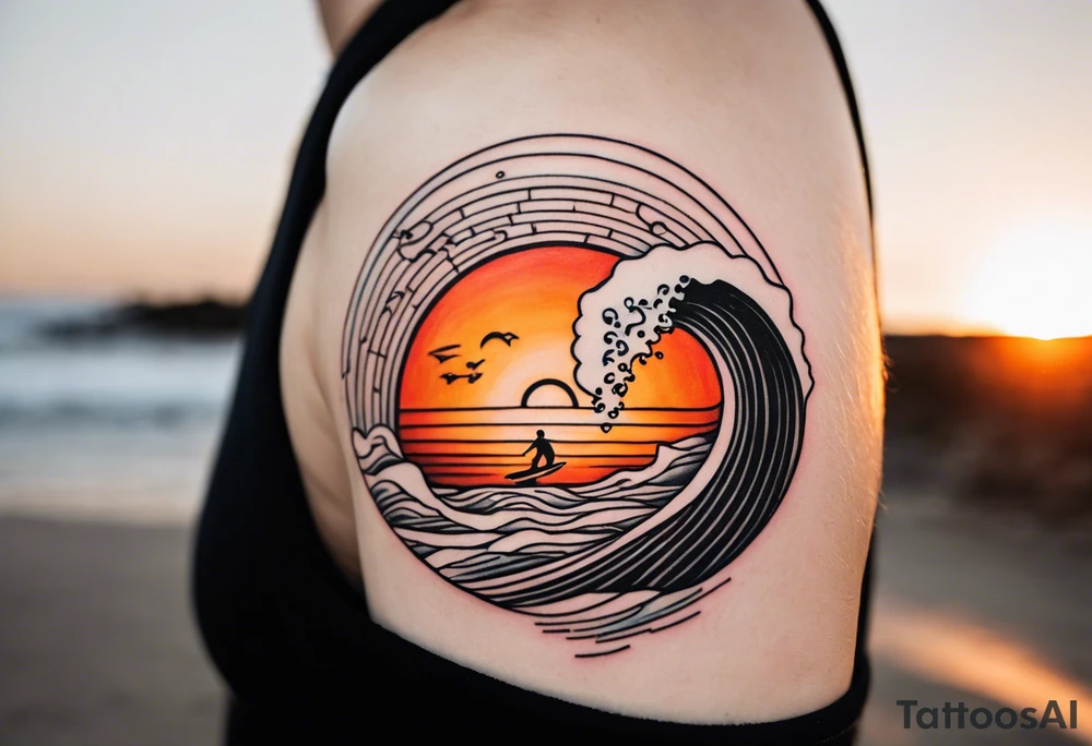Black and white Line work tattoo depicting a father surfing in the sunset, and sharing his surfboard with his two daughters.  The sunset and horizon have musical notes. tattoo idea