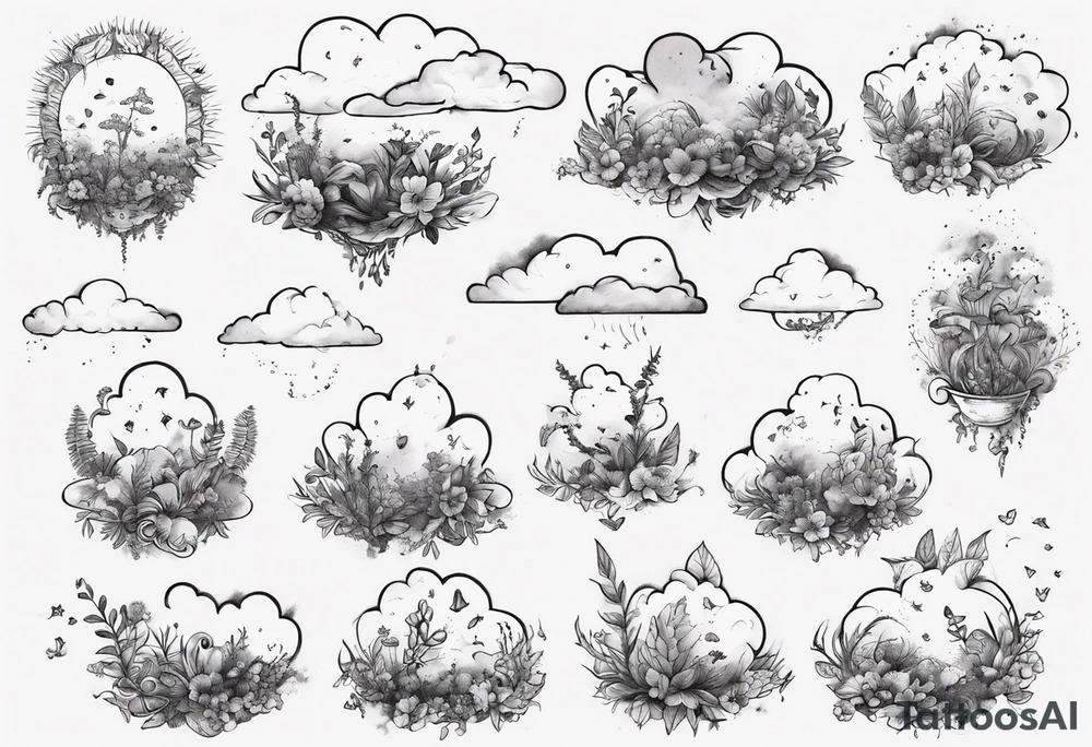 clouds with little plants and the date 12.08.05 tattoo idea