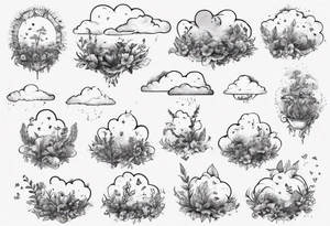 clouds with little plants and the date 12.08.05 tattoo idea