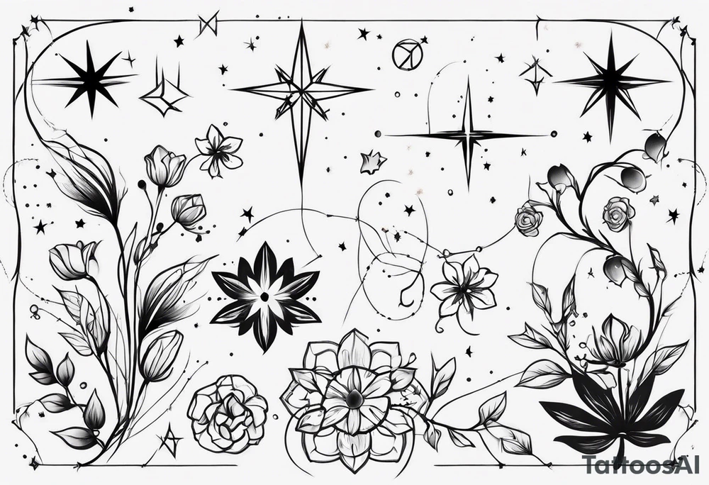 A múltiple constellation small, girly, discrete, minimmalist tattoo combining 3 constellations cáncer, virgo, and scorpio. Just the lines... no flowers tattoo idea