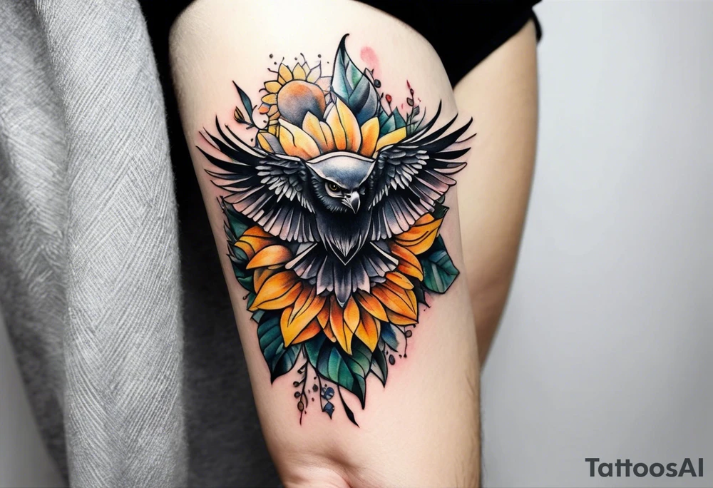 Small Watercolor inside arm tattoo, 4 inches. Black kite (Daya's name), nature (trees/flowers), rock/metal vibe (bold lines), sunflower. tattoo idea