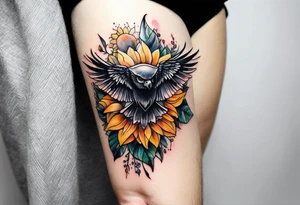 Small Watercolor inside arm tattoo, 4 inches. Black kite (Daya's name), nature (trees/flowers), rock/metal vibe (bold lines), sunflower. tattoo idea