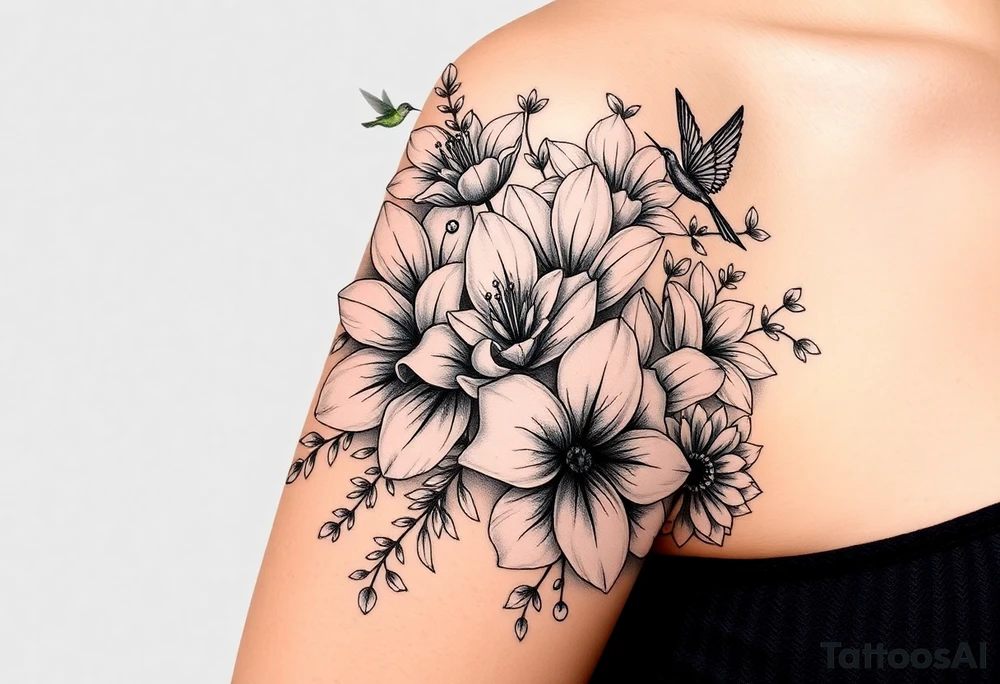 Can you create an image of a tattoo that will go on my upper arm including the following floral arrangement done very light handed and with soft lines- 1 large violet, 1 large carnation, 1 large lily of the valley, 1 large narcicuss, 1 medium carnation, 1 medium violet, 1 small dafodil, 2 small water lillies, and 1 small chrysanthemum. Add a small hummingbird drinking out of the large narcicuss. I want it on my upper right arm on the outside but slightly wrapping around the outer arm. I would like some greenery to fill in spaces as well. Make it large enough to fill my upper arm. I want the flowers to have dramatic and realistic shading. Make the tattoo more vertical than horizontal and put it on a female's arm with medium tan skin. tattoo idea