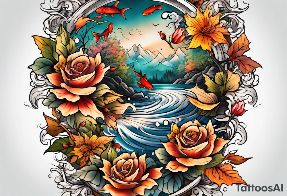 thigh tattoo with fall colors showing, leaves, koi fish, small flowers, roses, water flow, and sky tattoo idea
