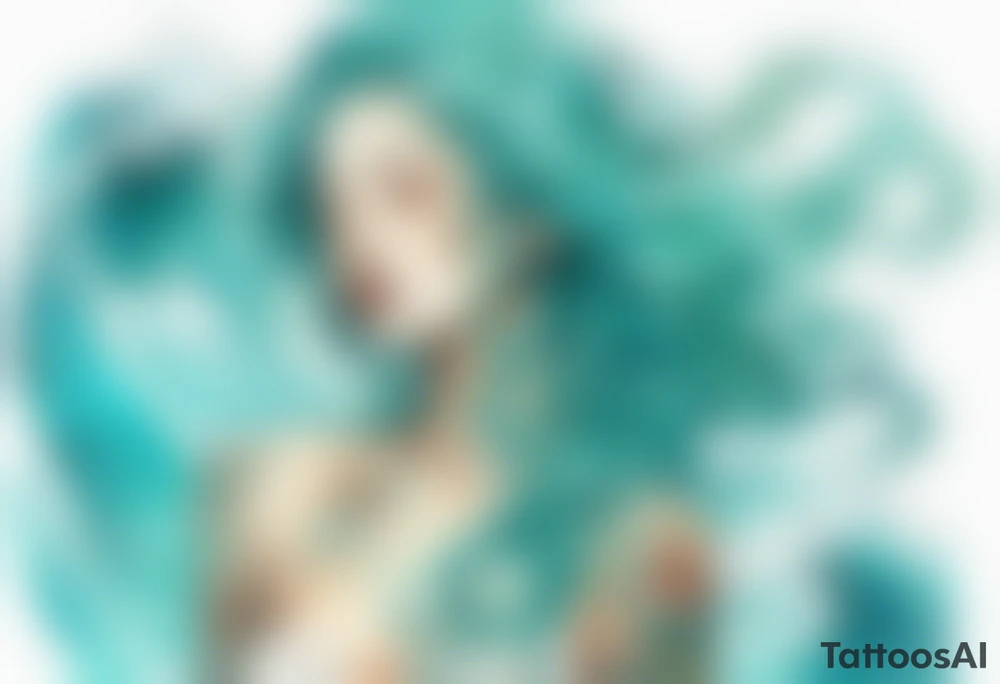 a woman made out of water emerging from the sea, turquoise hair tattoo idea