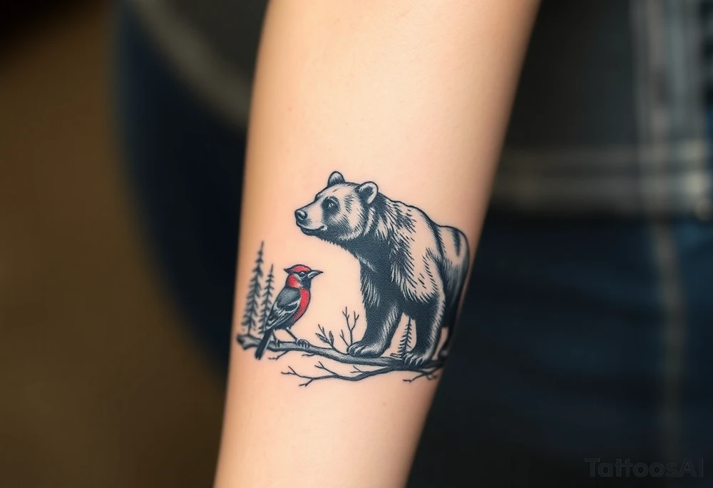 Realistic Woodland with a bear, woodpecker and cardinal tattoo idea