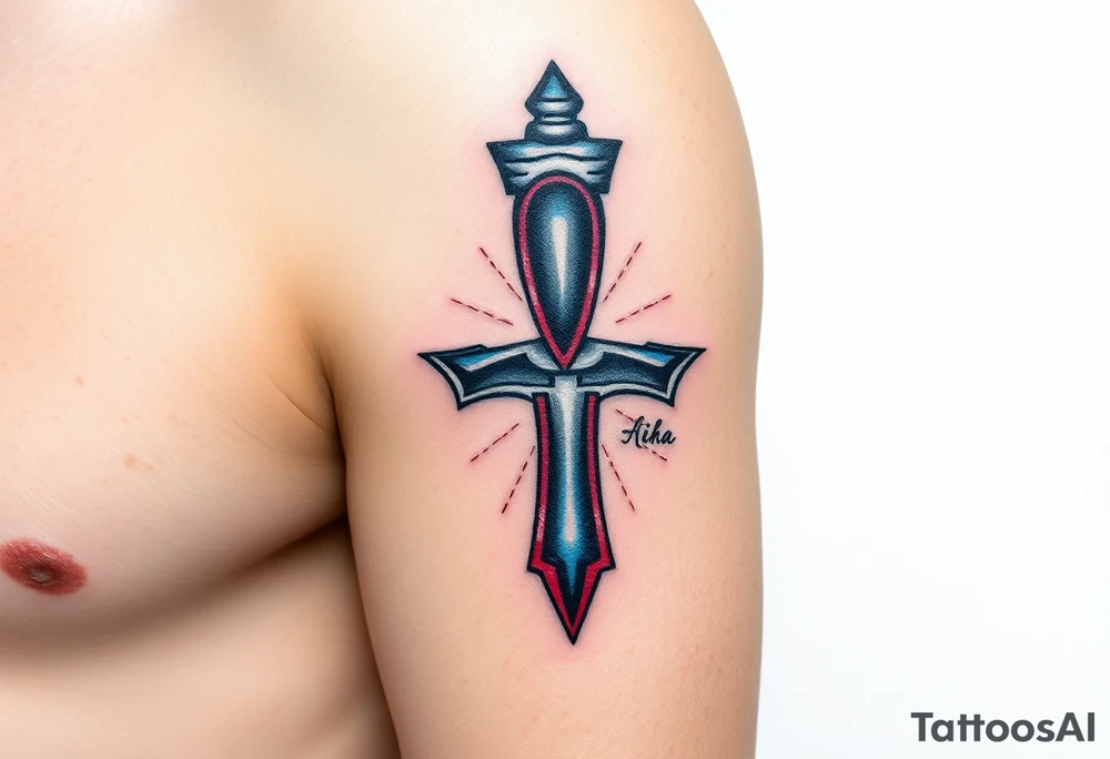 A Hand Holding an Ankh with a Name Written Inside(only red, blue and black are possible colors) tattoo idea