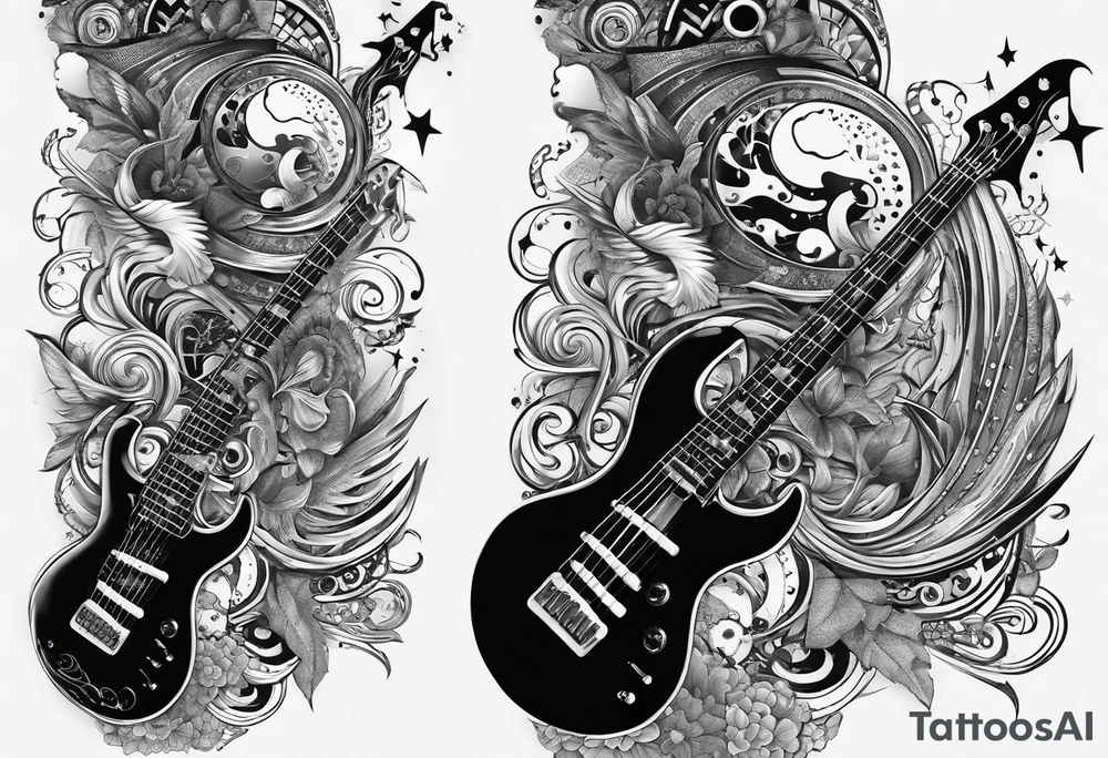 Collage for full sleeve with:
2 stars, 
1 quarter moon, 
a bass guitar, 
a caduceus symbol tattoo idea
