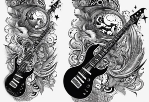 Collage for full sleeve with:
2 stars, 
1 quarter moon, 
a bass guitar, 
a caduceus symbol tattoo idea
