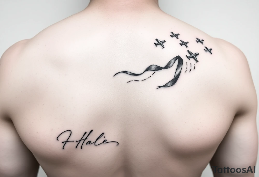 Memorial tattoo using line drawing style in black with shading. The design should flow up from his signature on the bottom, shading into fingerprints and the melting into small planes flying away to the top right. This will go on the left shoulder. tattoo idea
