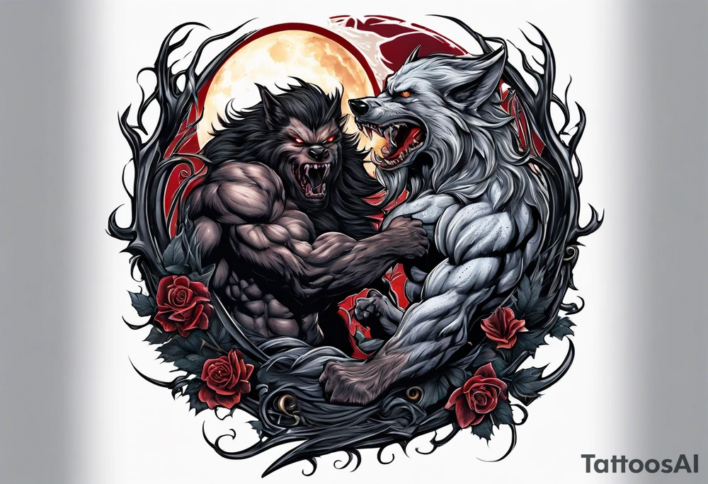 Muscular werewolf fighting a vampire under the moon tattoo idea