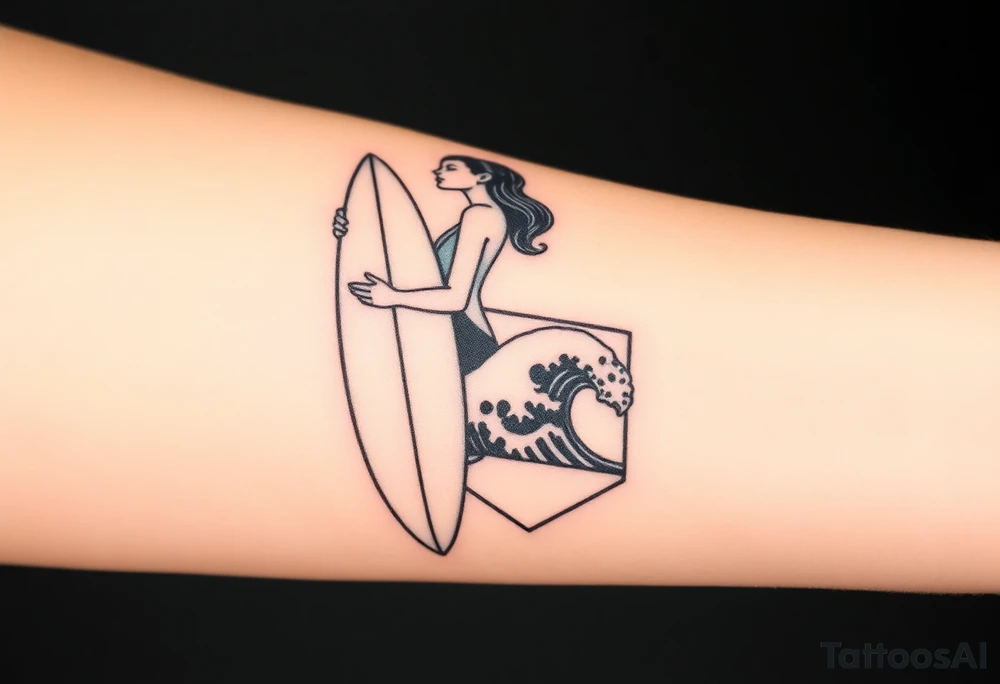 New school geometrical concept tattoo with the girl holding surfboard in a vertical position her face is turned 60 degrees to out side, the bottom part of a body is showed, on the right side of a tattoo is the realistic wave closed in a frame. And the bottom of a taro is a palenesiab sun. Link the objects based on new school geometry tattoos. tattoo idea