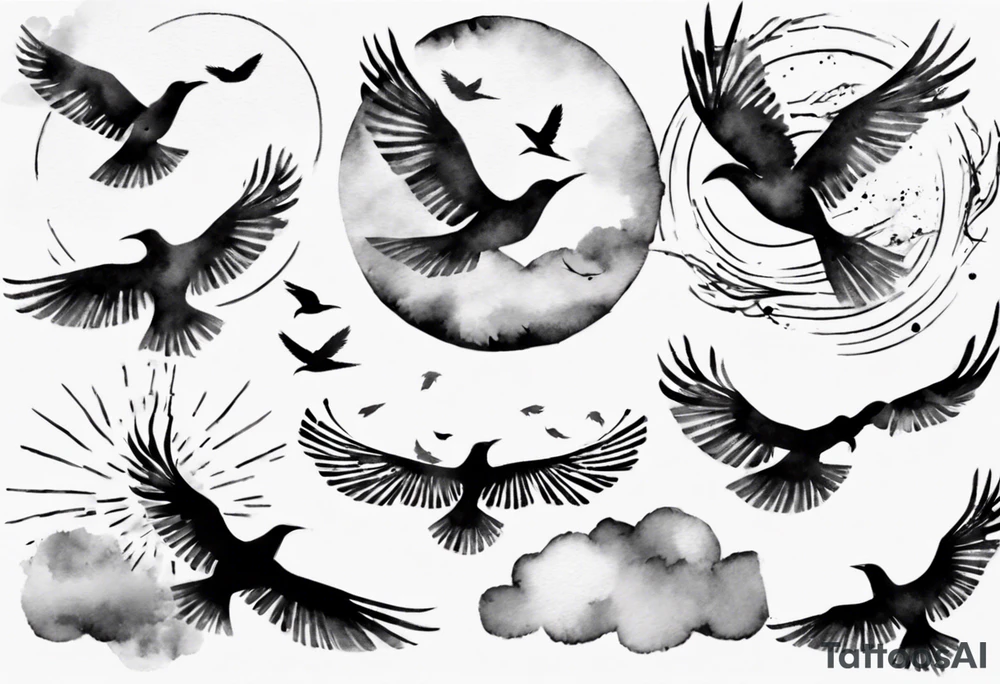 shoulder tattoo with light rays with birds flying free among the clouds, round shape, 3d effect tattoo idea shoulder tattoo with light rays with birds flying free among the clouds, round shape, 3d effect tattoo idea
