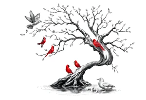 Tree of life with five birds flying out of the tree and  two red cardinals sitting on the tree and a duck in a pond tattoo idea