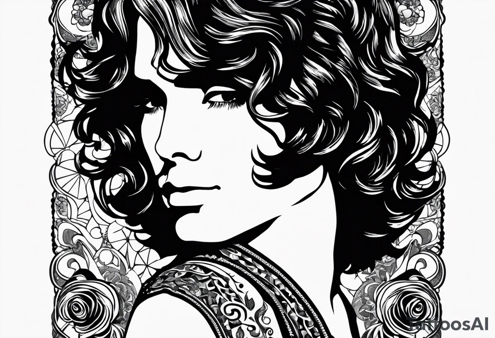would like a black and white sleeve feautiring Jim Morrison (existing)
 on the upper arm, would like roses and psychadelic shapes in between, Hendrix's guitar, Joplins glasses and Johhn Cash portrait

As a sleeve design for the left arm tattoo idea