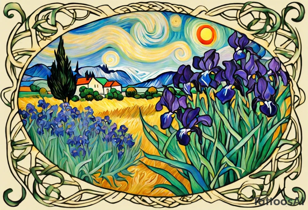 Create a condensed, thick, colorful Vincent van Gogh's Irises tattoo, with vines in Celtic knots gracefully holding mountains. The intended placement is on the upper chest. The overall design should be small in size while maintaining a delicate and artistic aesthetic. Pay attention to the graceful flow of the vines and the placement of the irises to achieve a refined and elegant look. tattoo idea