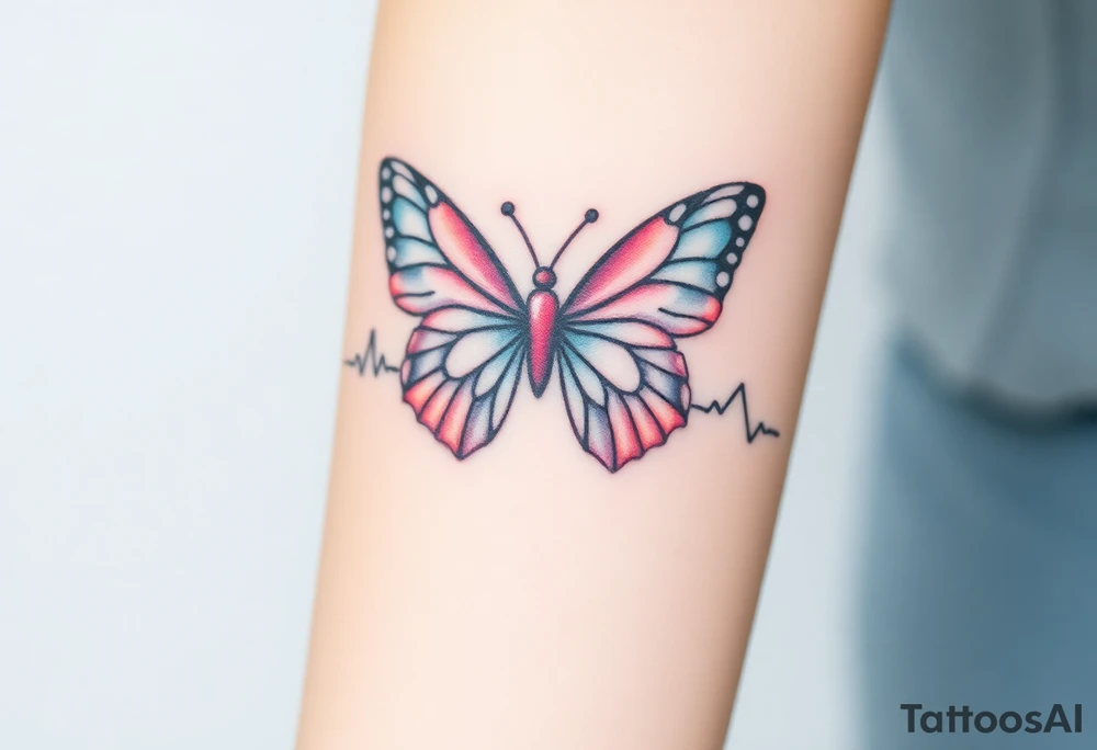 A heartbeat line transforming into a butterfly, with delicate wings painted in pastel pinks and blues, symbolizing transformation and love. tattoo idea