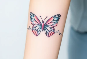 A heartbeat line transforming into a butterfly, with delicate wings painted in pastel pinks and blues, symbolizing transformation and love. tattoo idea
