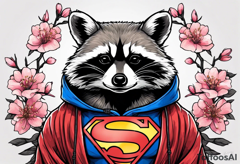 Raccoon wearing a Superman hoodie and Japanese cherry blossoms tattoo idea
