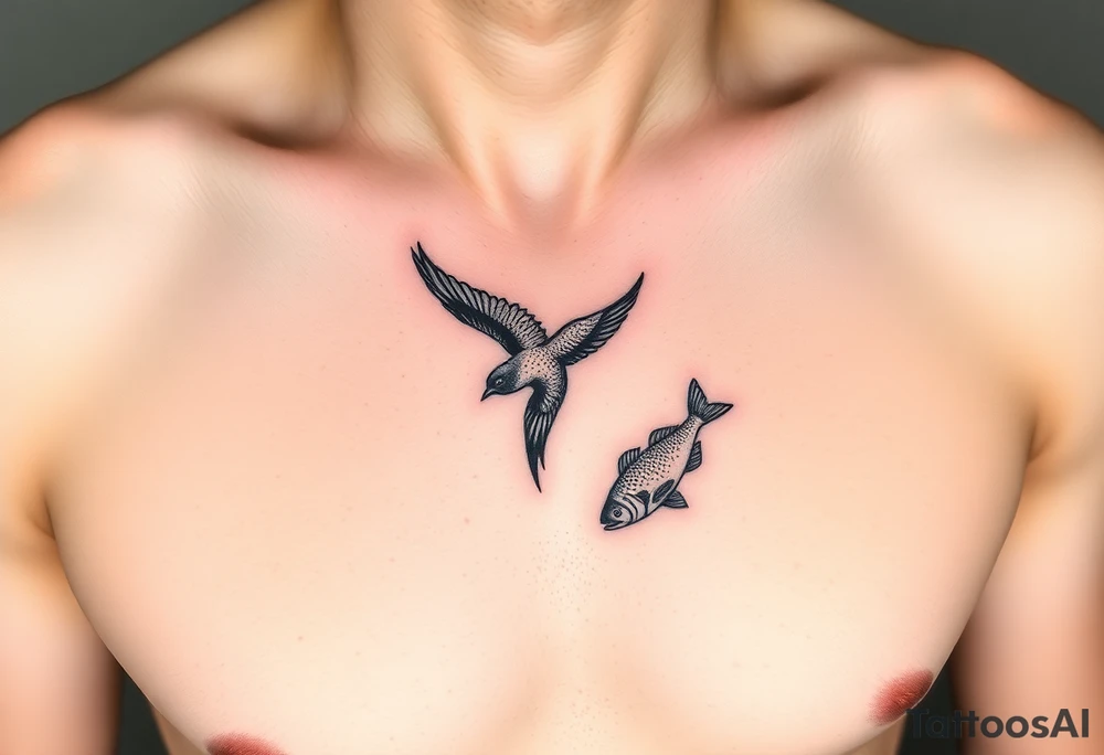 small bird and fish tattoo, for chest, man. not many details. a lot of black color tattoo idea