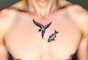 small bird and fish tattoo, for chest, man. not many details. a lot of black color tattoo idea