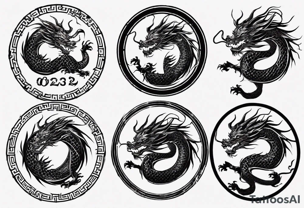 Chinese dragon in a circular shape with "02.03" written on its skin tattoo idea