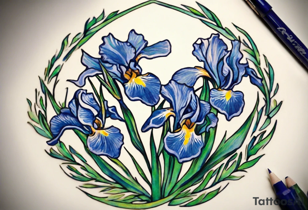 Create a small Vincent van Gogh Irises tattoo. The tattoo should take the form of a crescent, with vines gracefully intertwining at a central point in the middle of the wreath. Ensure that the design avoids the appearance of a bush and maintains a more structured and deliberate arrangement. The intended placement is on the upper chest. The overall design should be small in size while maintaining a delicate and artistic aesthetic. Pay attention to the graceful flow of the vines and the placement of the irises to achieve a refined and elegant look. tattoo idea