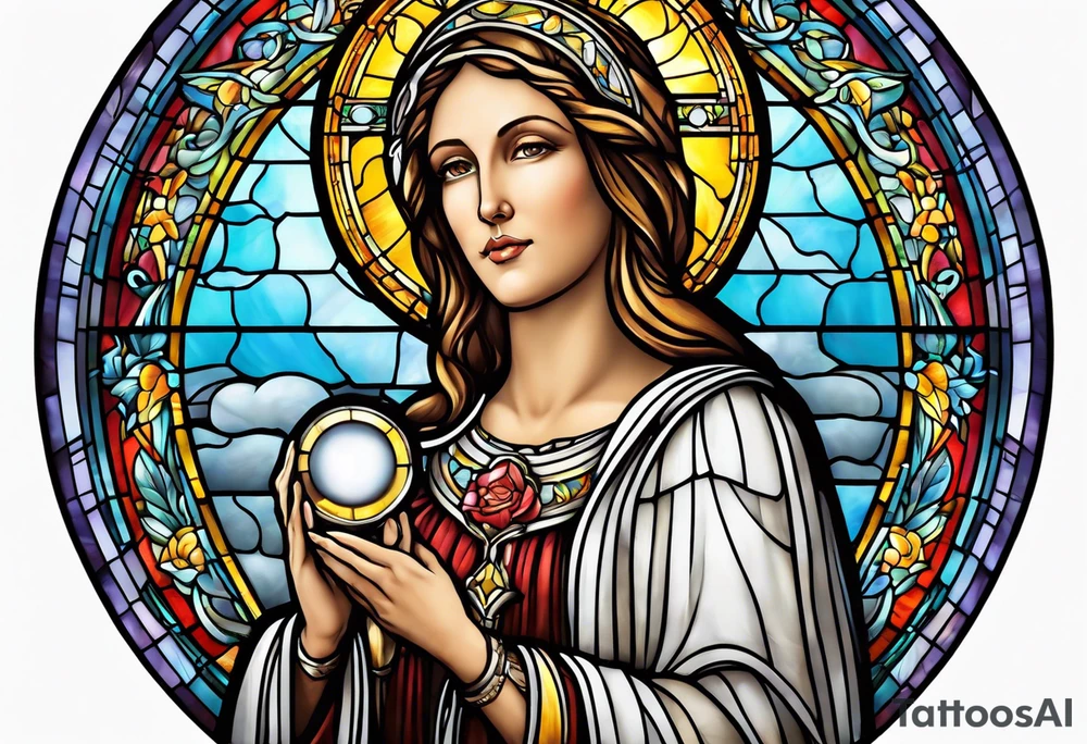 holy saint woman with halo stained glass holding a chalice tattoo idea