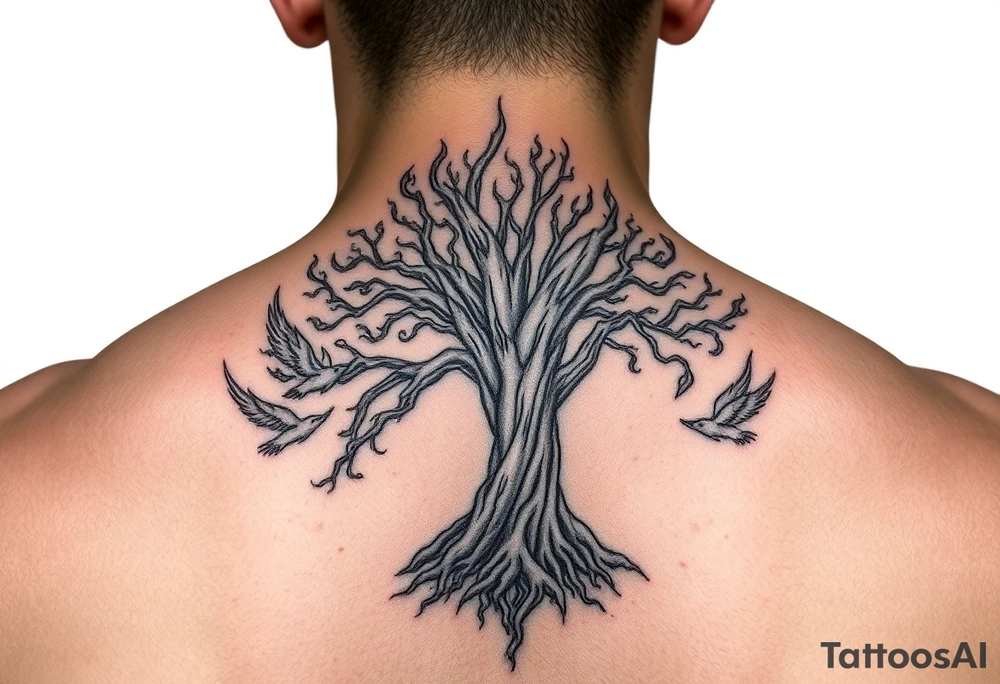 burning tree of life with firerms scattered ad ude woman tattoo idea