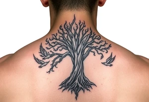 burning tree of life with firerms scattered ad ude woman tattoo idea