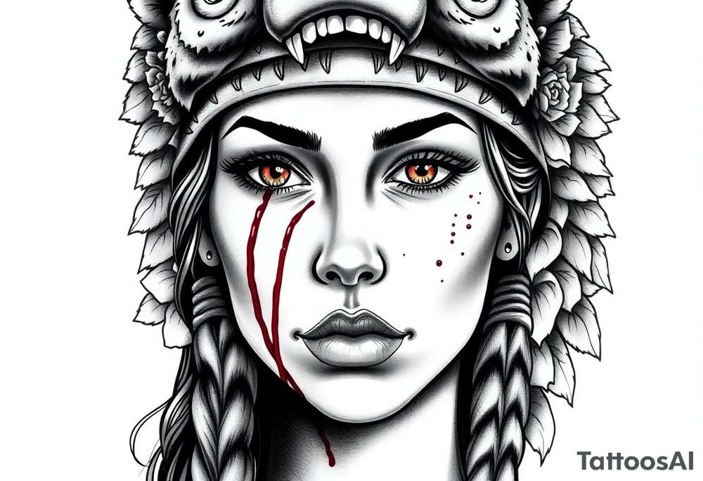 Young Symmetrical Beautiful Woman, looking forward, with colored eyes, shedding a tear, with battle scars and blood on face, with soft look, wearing a mean looking bear headdress on head, with flower background tattoo idea