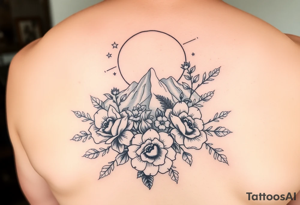 Unique artistic tattoo, with roses and wild flowers 
moon and stars mountains
Feminine tattoo idea