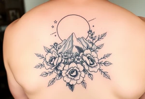 Unique artistic tattoo, with roses and wild flowers 
moon and stars mountains
Feminine tattoo idea