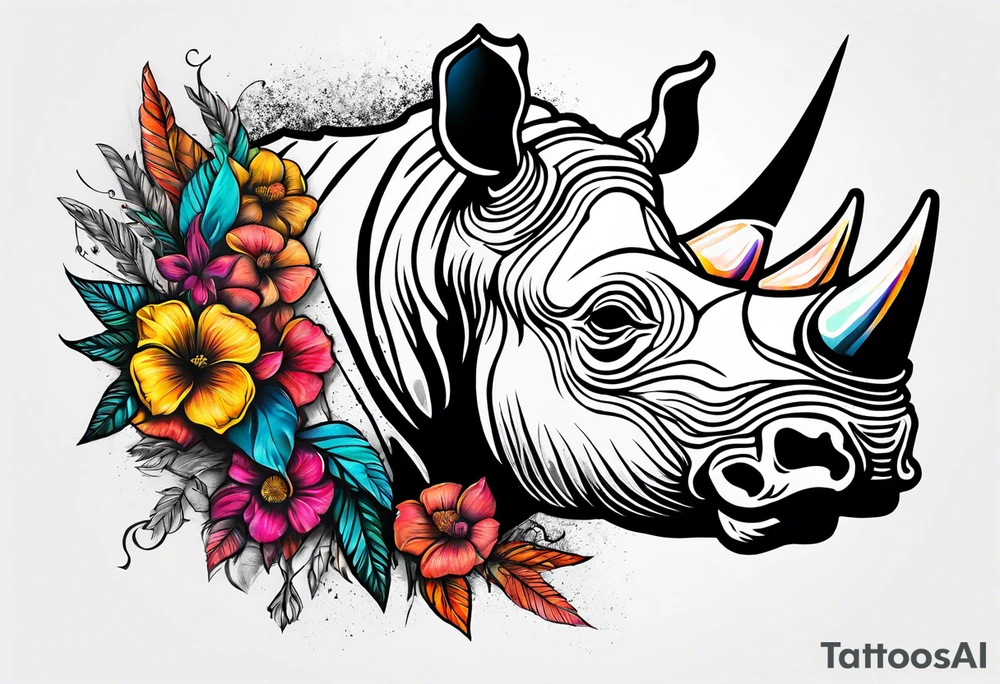 Rhino head split with a skull with black and white accents tattoo idea