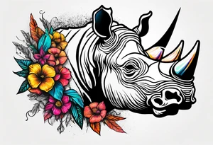 Rhino head split with a skull with black and white accents tattoo idea