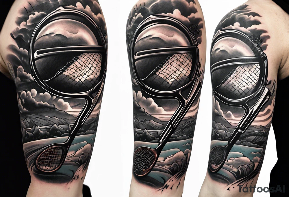Arm tattoo sleeve include ak-47, tennis racket, fitness, motivational quote, sun, tattoo idea