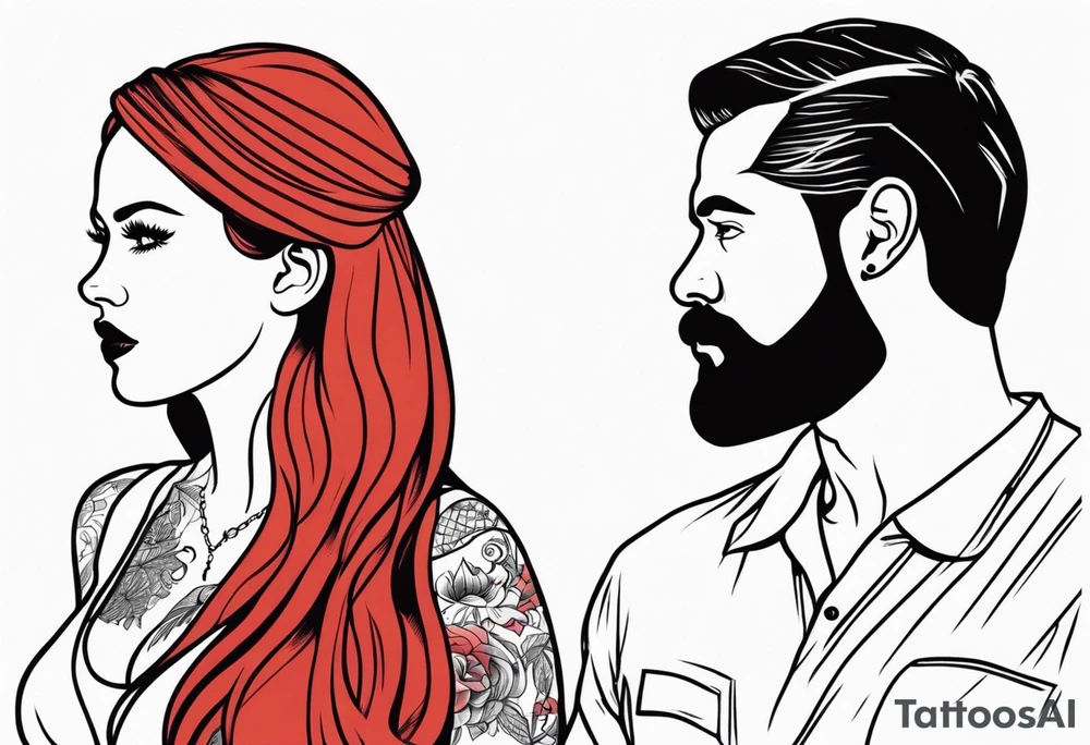 Busty Red haired woman with black haired bearded man tattoo idea