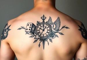 Dice cards money girls clock compass dove rose sleeve tattoo idea