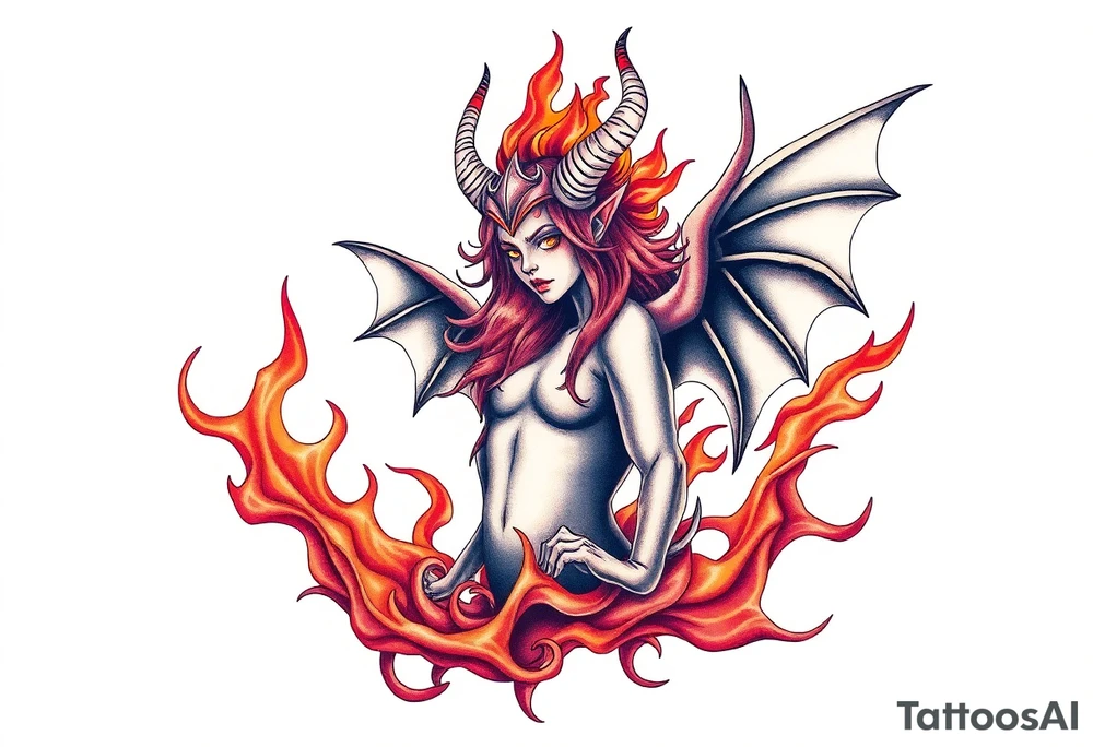 Female demon in the flame tattoo idea