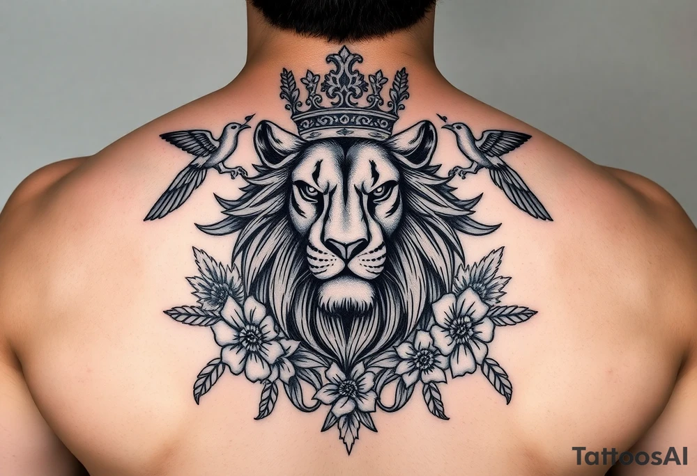 powerful majestic lion with a crown, surrounded by floral ornaments and birds tattoo idea